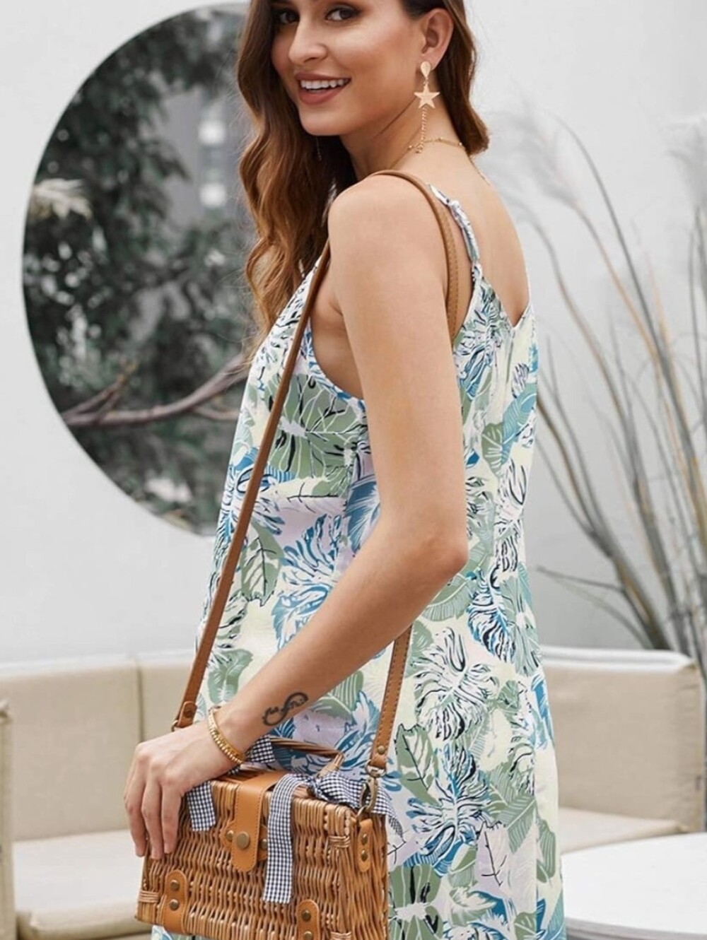 3 For $15 Tropical Print Button-Front Sundress in Pastel Green & Blue - Picture 2 of 9